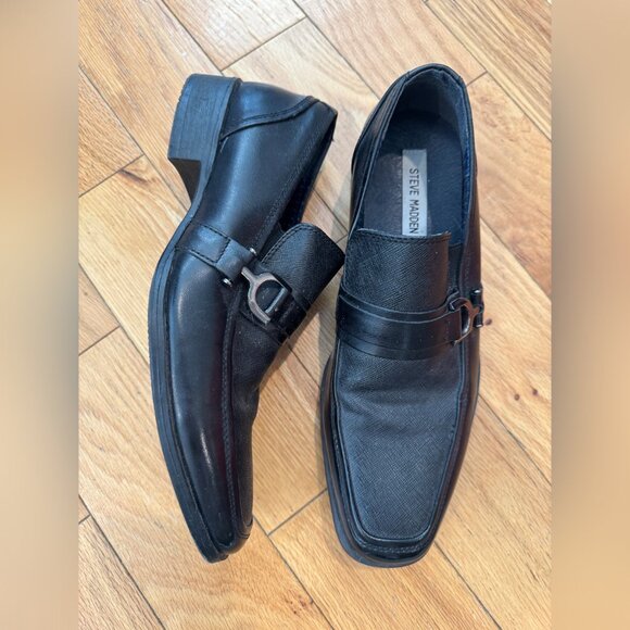 STEVE MADDEN "Santer" Black Leather Men's Loafers with Horse-Bit Buckles - Picture 4 of 8